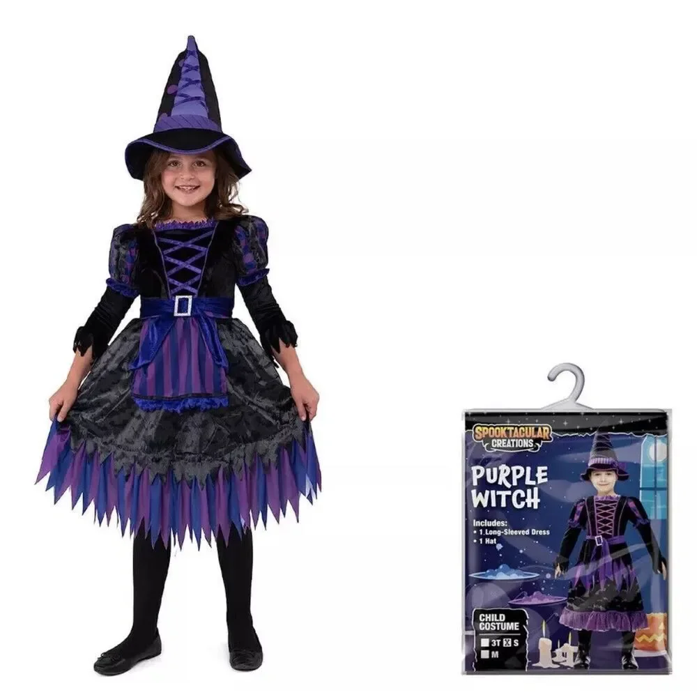 Spooktacular Creations Purple Witch Long Sleeve Dress‎ & Hat Child Size Small